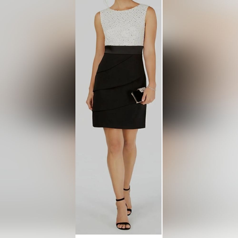 Connected Apparel Black White Colorblock Sequin Lace Cocktail dress NWT size 8P